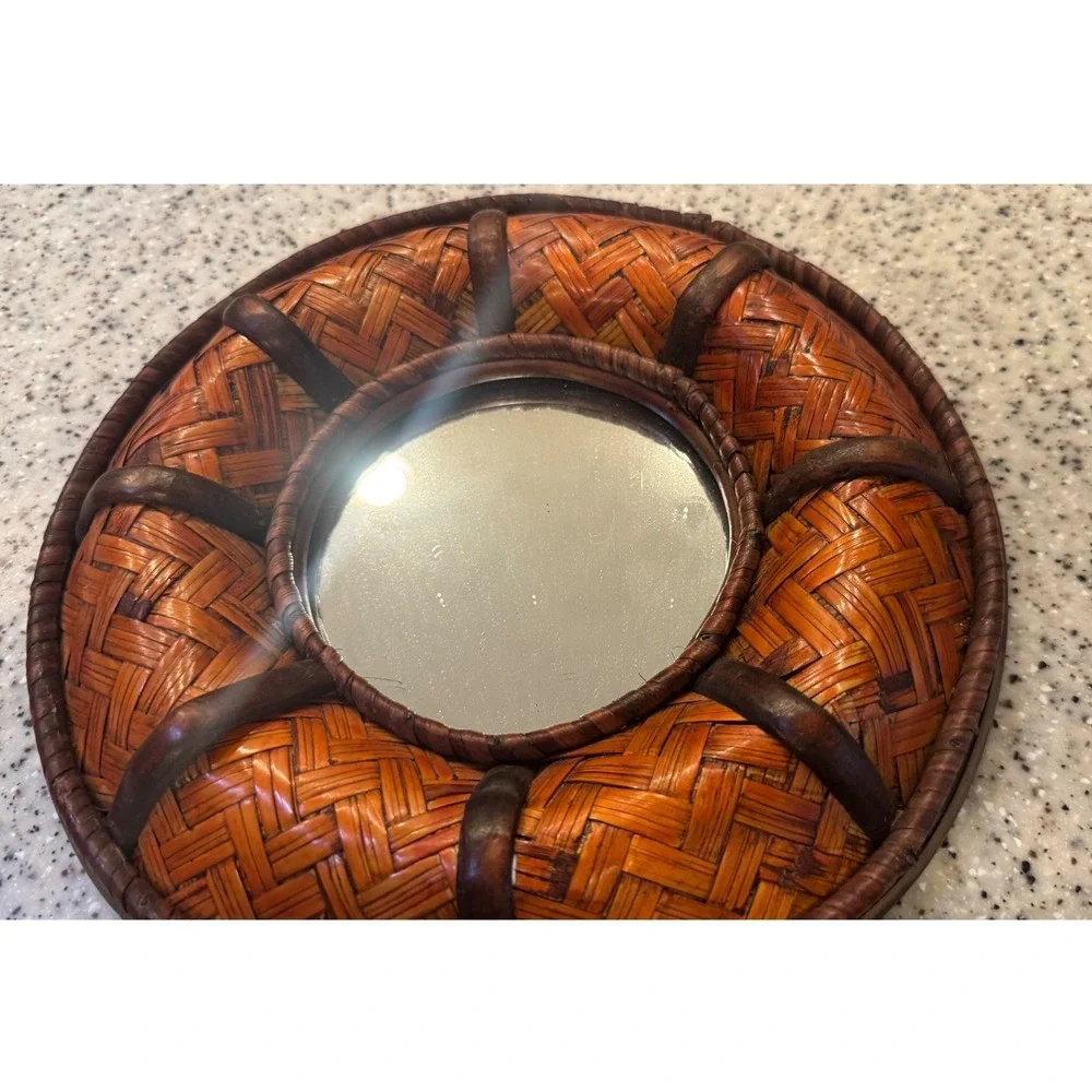 Vintage Woven Rattan Bamboo Wall Mirror Set 3 Brown Boho Nautical  Coastal MCM